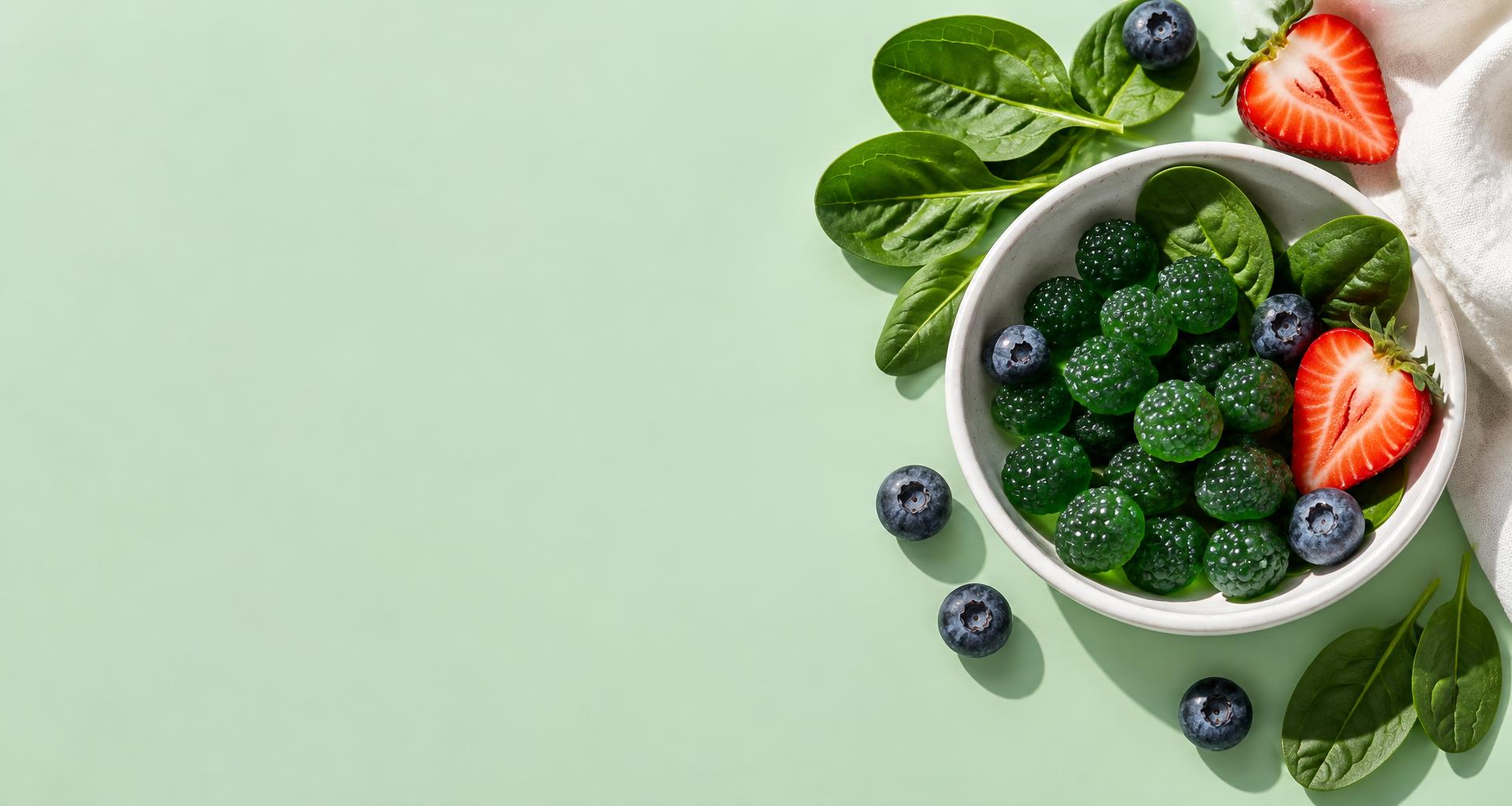 Green gummies with fresh berries and leafy greens, illustrative nutrition photography